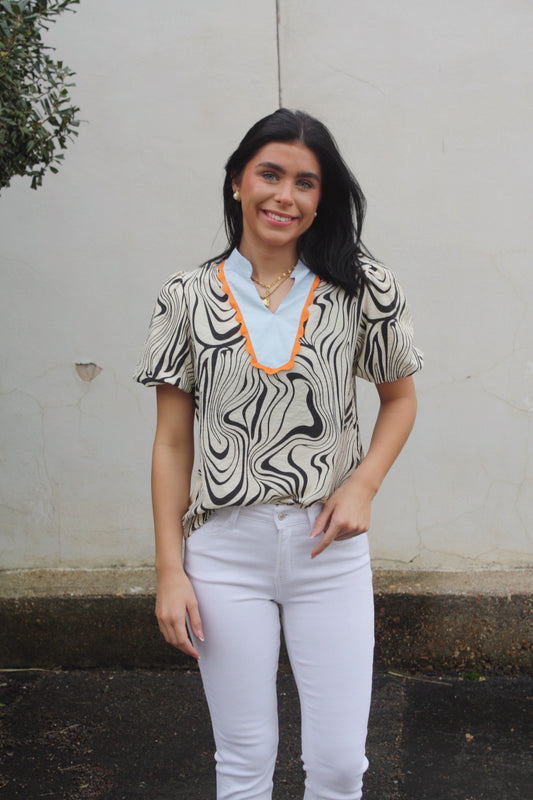 Zebra Stripe Print Contrast V-Neck Ricrac Blouse