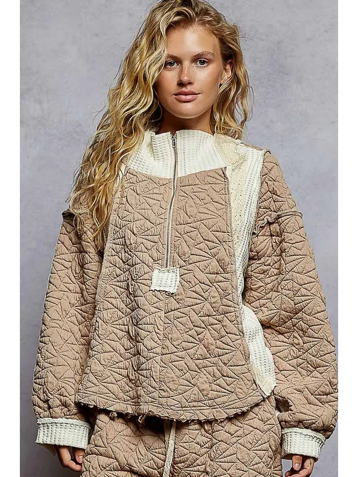 Long Sleeve Solid Stitch Edge Quilted Woven Hoodie