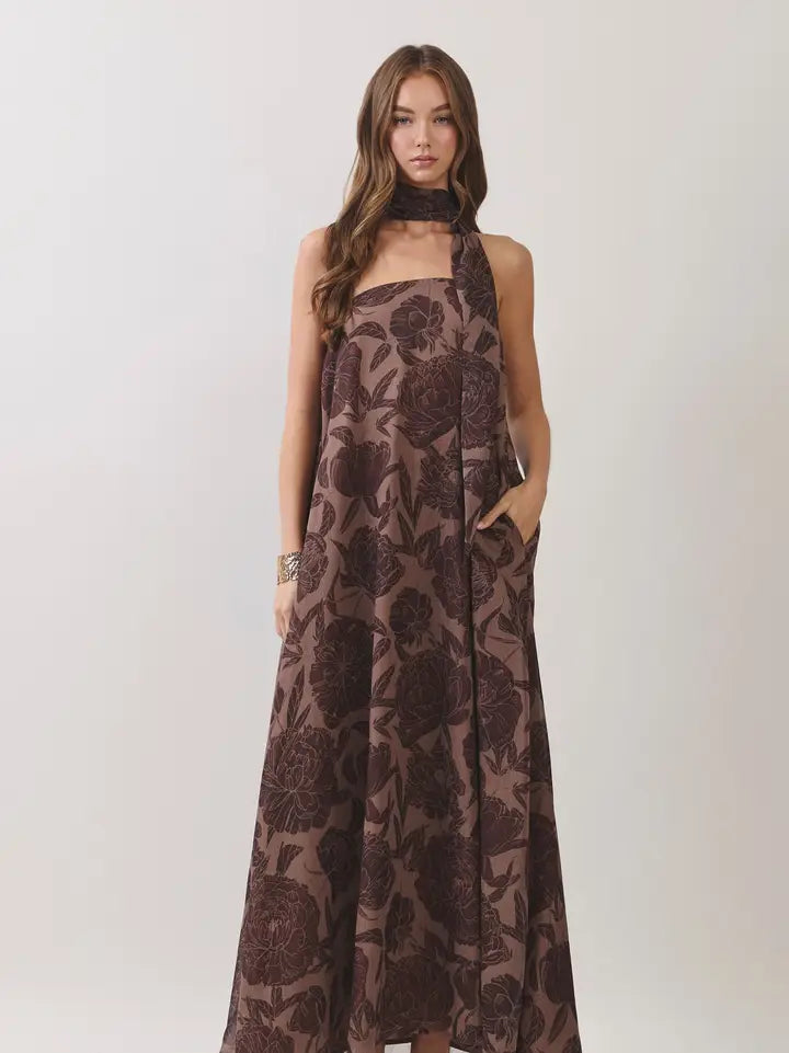 Floral Print Scarf Maxi Dress