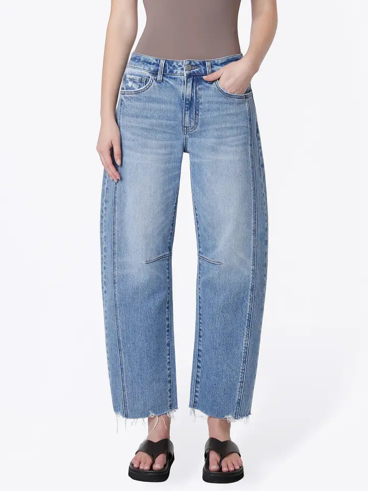 High Rise Raw Hem Seam Detail Barrel Jeans