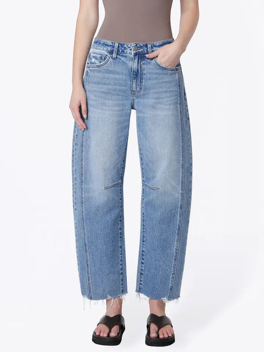 High Rise Raw Hem Seam Detail Barrel Jeans