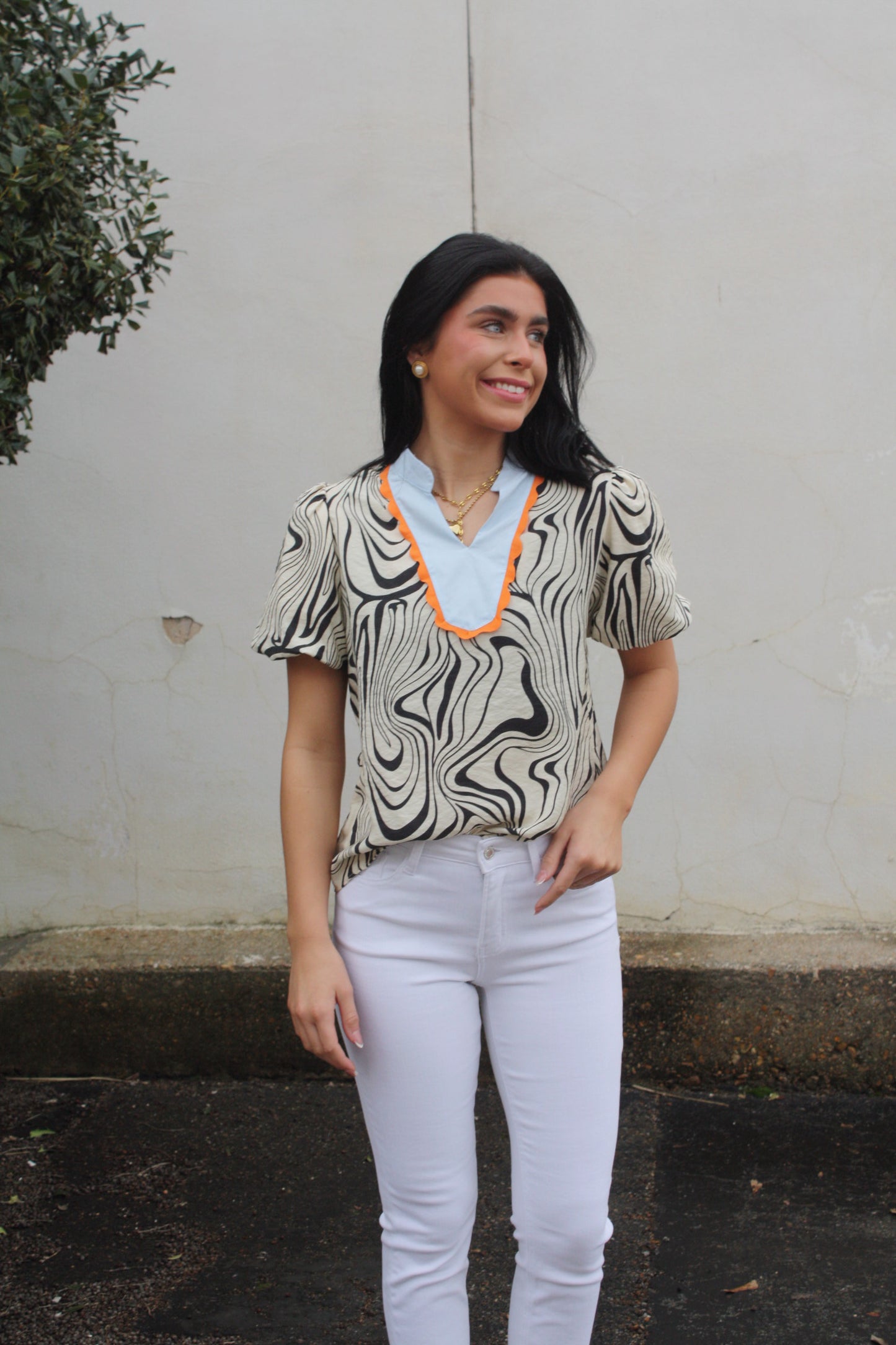 Zebra Stripe Print Contrast V-Neck Ricrac Blouse