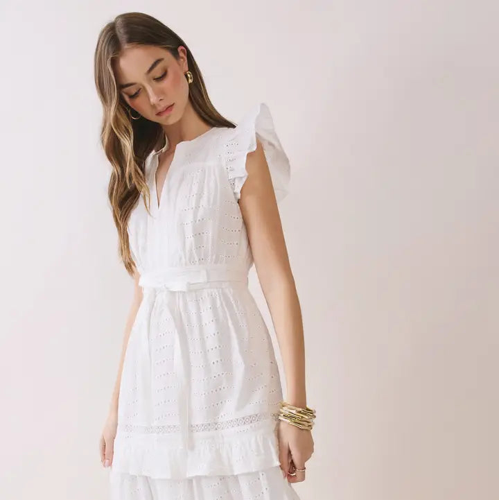 Eyelet Lace Ruffle Sleeves Tiered Maxi Dress