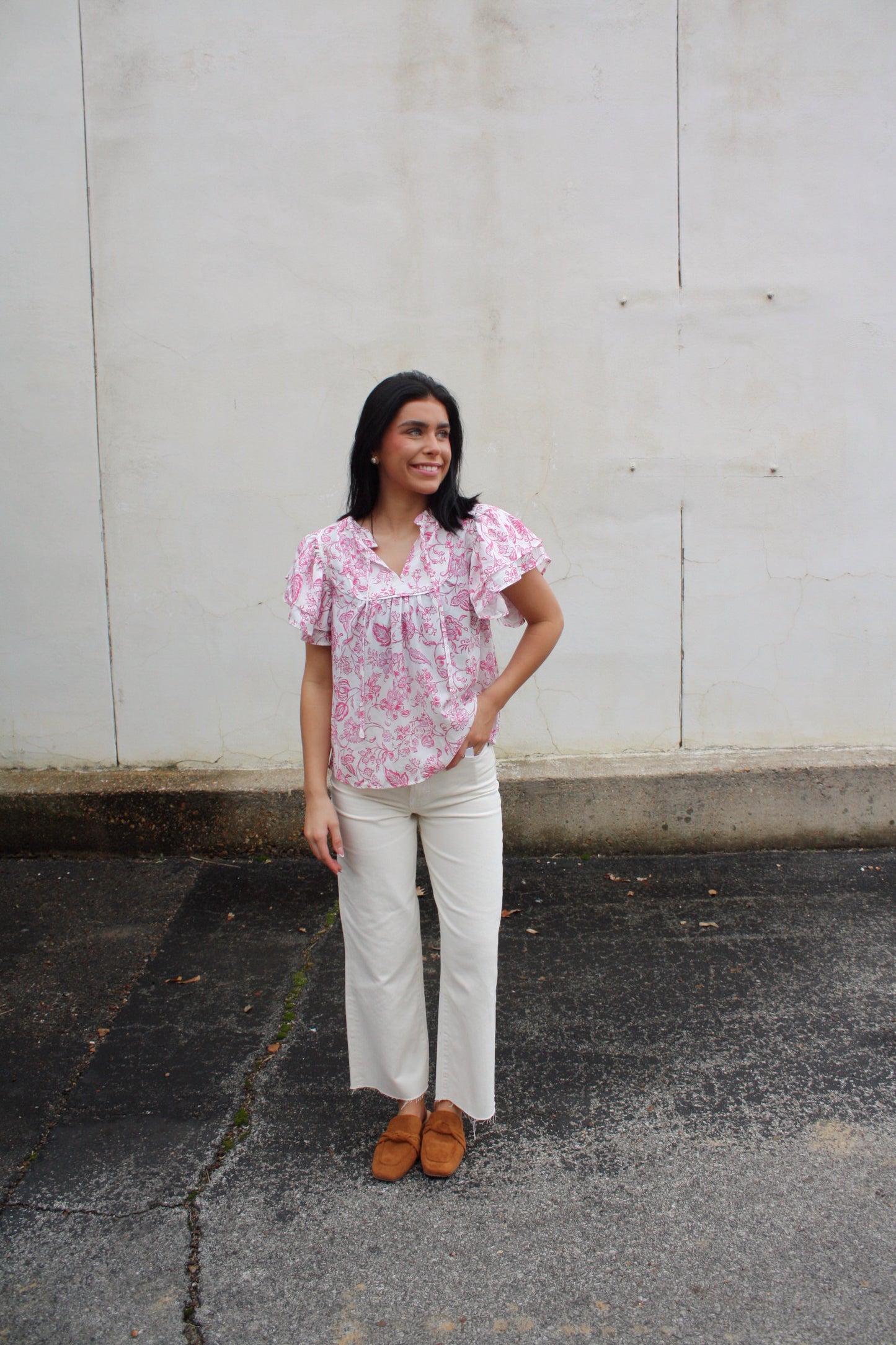 Pink Floral Ruffle Sleeve Top
