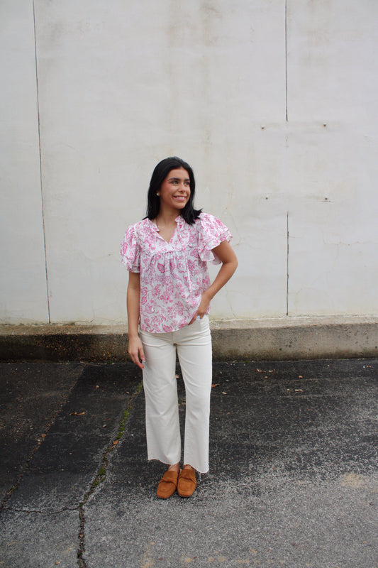 Pink Floral Ruffle Sleeve Top