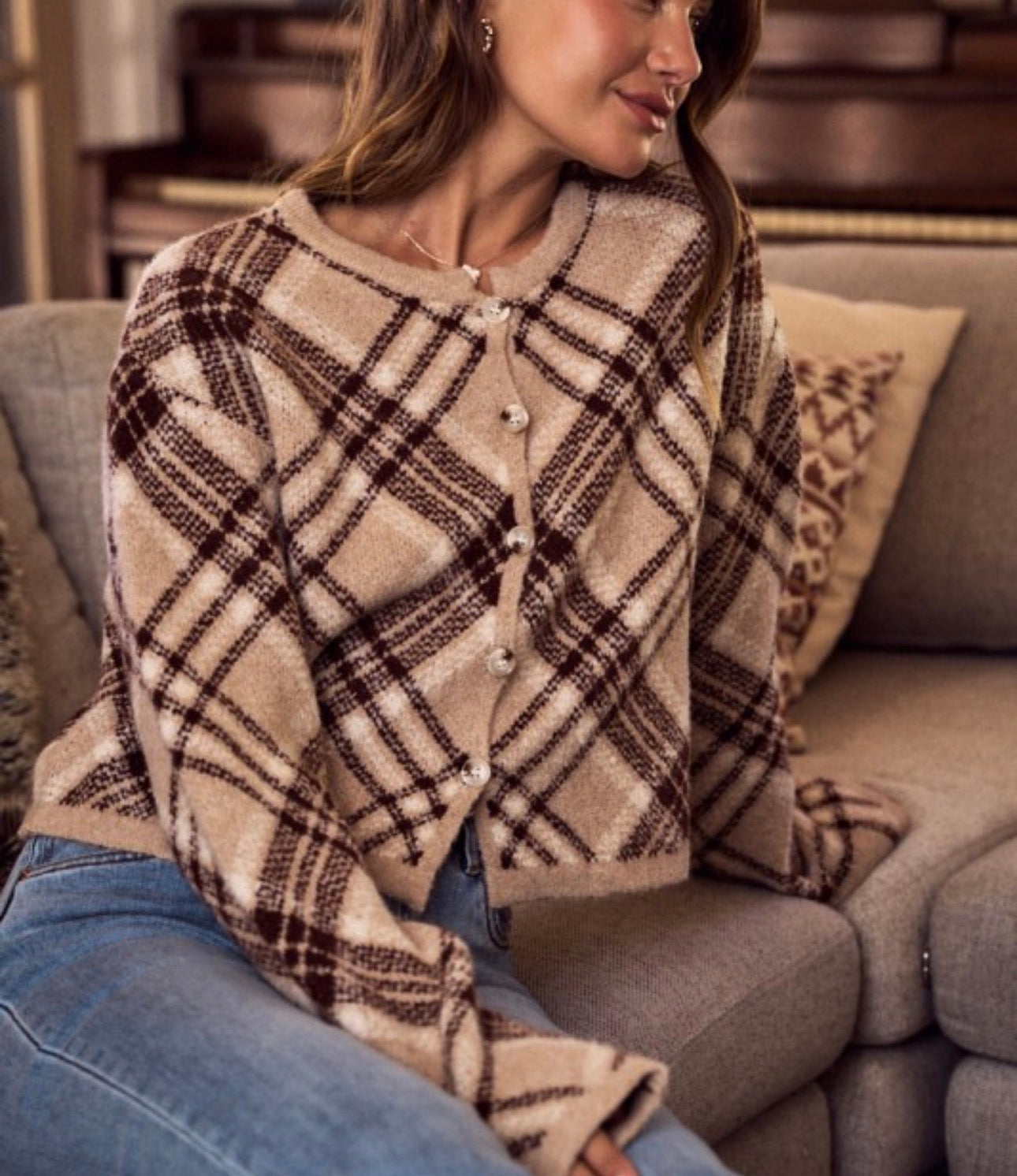 Check Plaid Sweater Cardigan