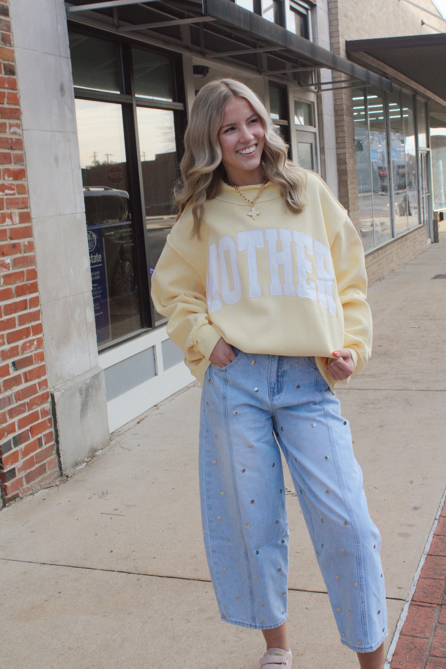 'Mother' Embroidered Mock Neck Sweatshirt