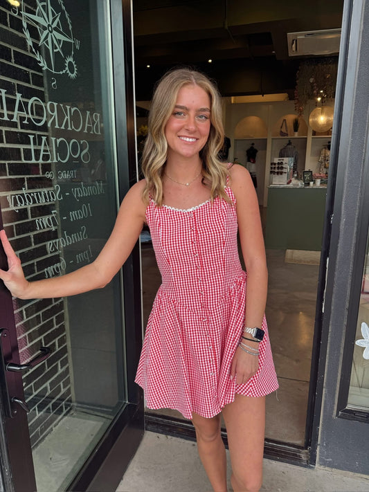 Gingham Lace Trim Mini Dress