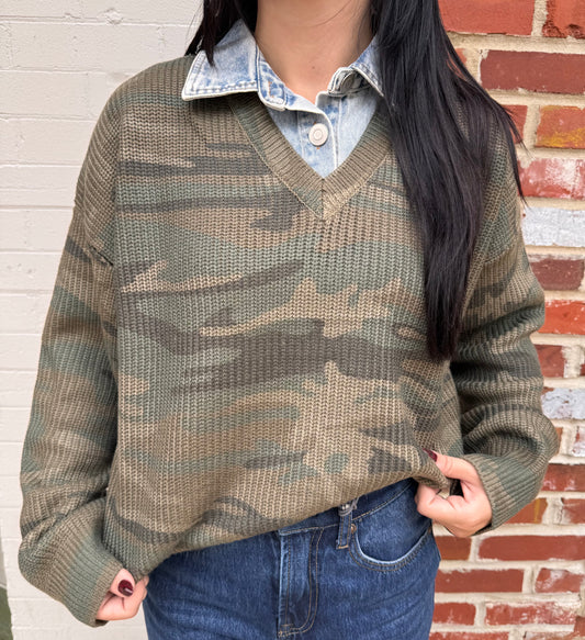 Camo V-Neck sweater w/ denim collar