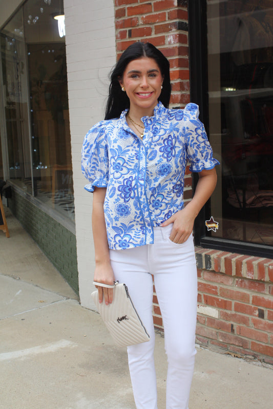 Floral Print Mock Neck Button Down