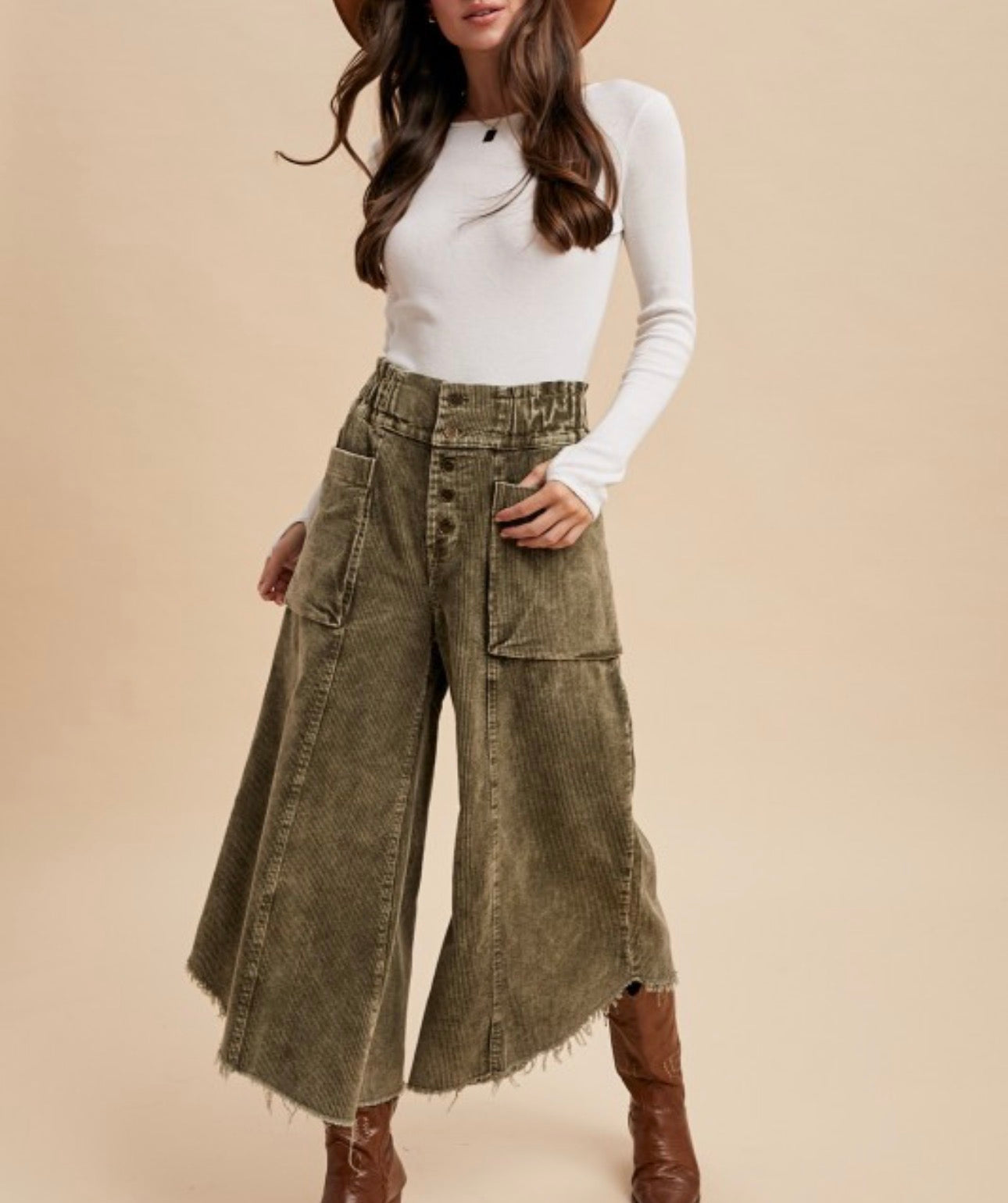 Olive Cropped Fray Pants