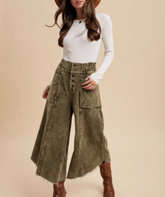 Olive Cropped Fray Pants