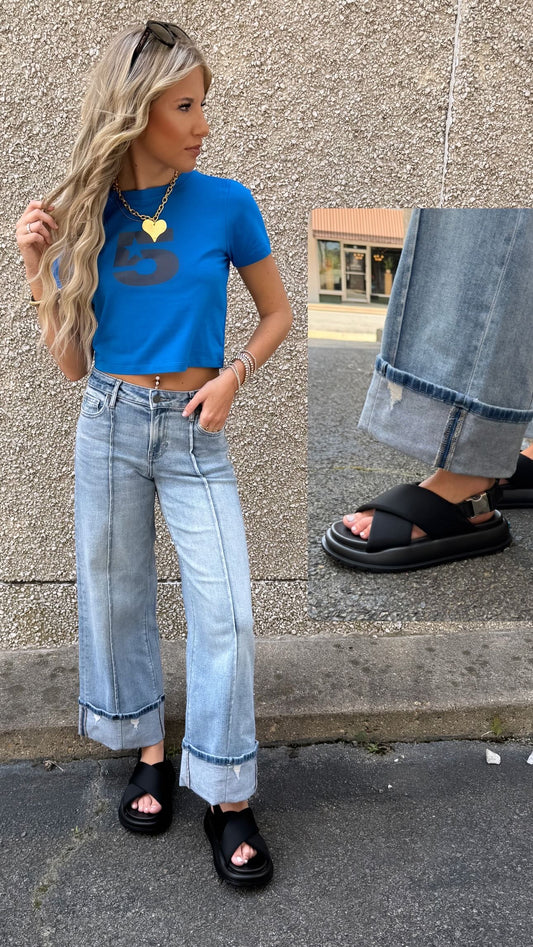 Medium Wash Pintuck 33" Inseam Mid Rise Cuffed Wide Leg