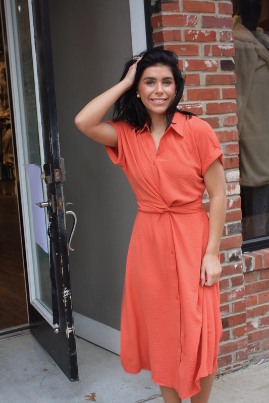 Twist Front Smocked Button Down Midi