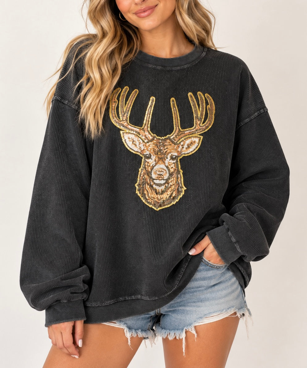 Sequin Deer Patch Corded Sweatshirt