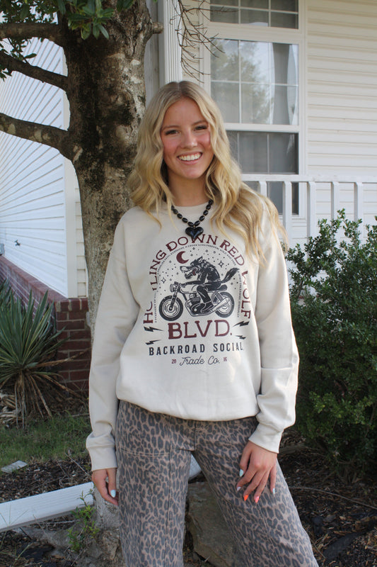 Red wolf blvd motorcycle crewneck