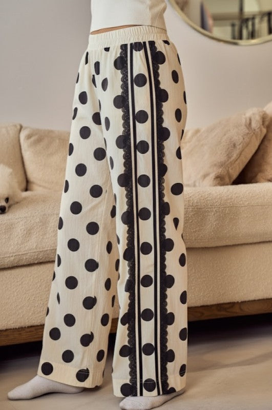 Polka dot lace trim relaxed pant