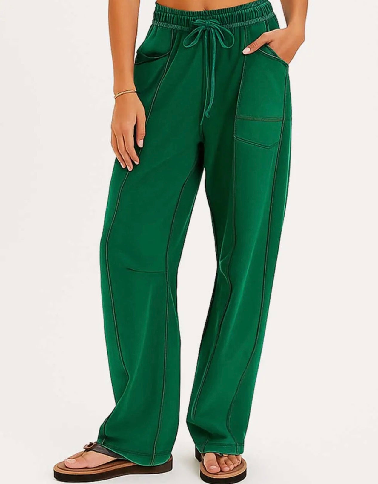 Green Exposed Seam Wide Leg Pants