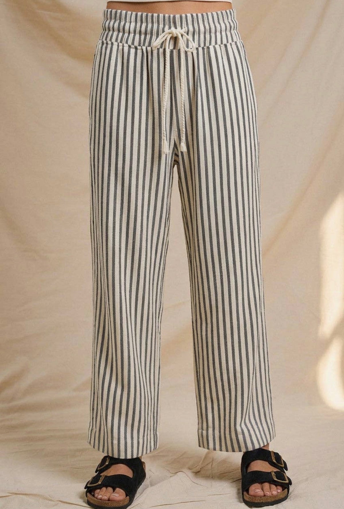 Cotton Stripe Wide Leg Drawstring Pants