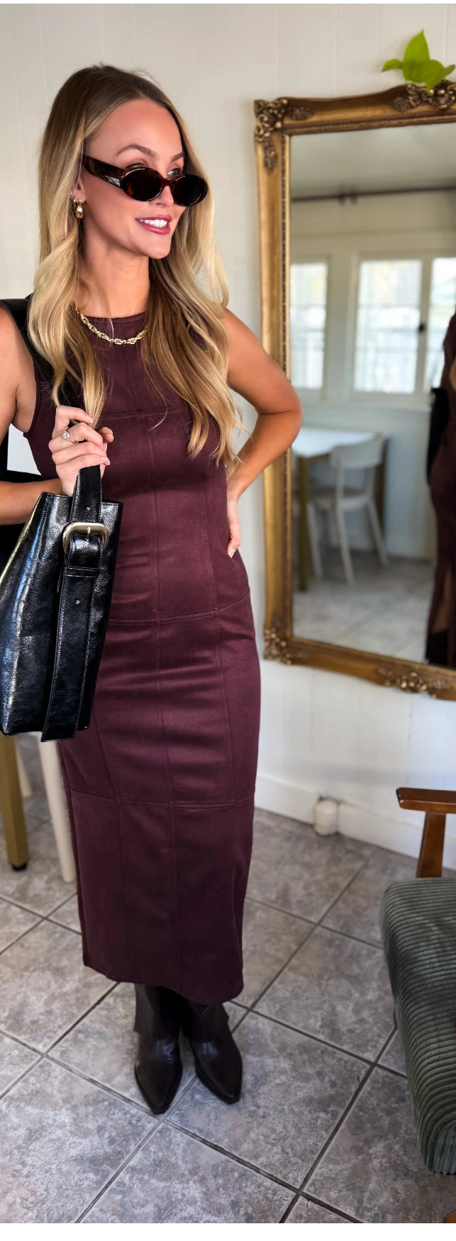 Suede Back Slit Long Dress