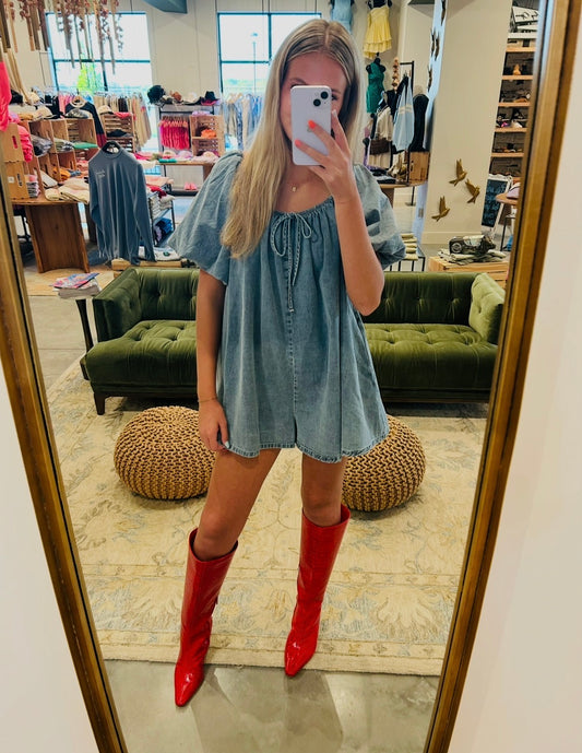Denim Puff Sleeve Babydoll Romper