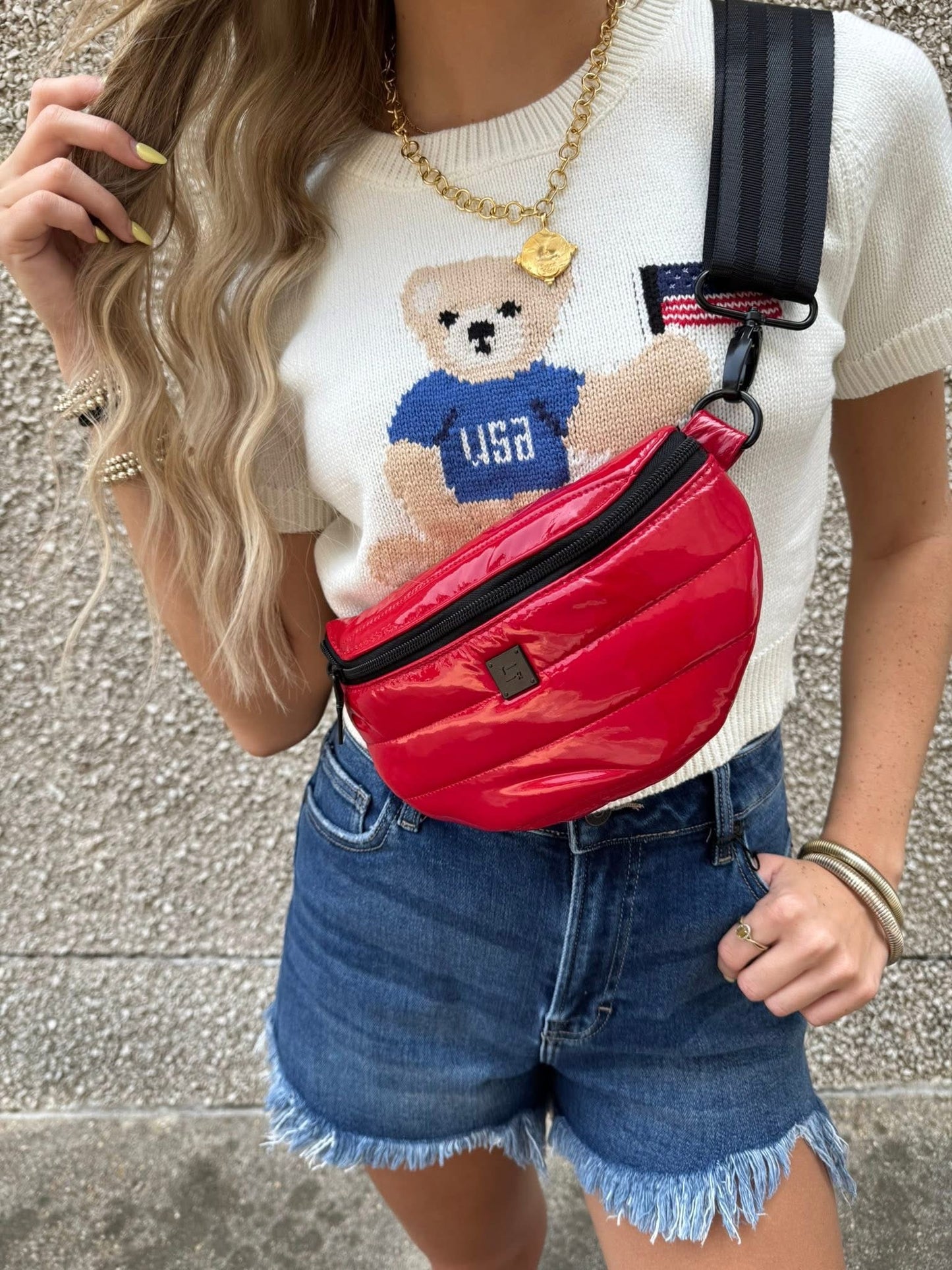 "Teddy Bear with USA Flag" Graphic Crew Neck Sweater Top