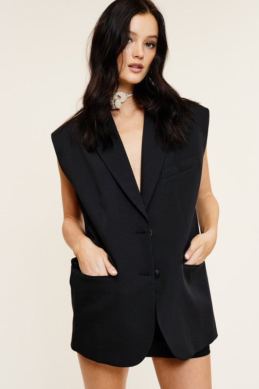 Structured Oversized Blazer Vest with Shoulder Pads