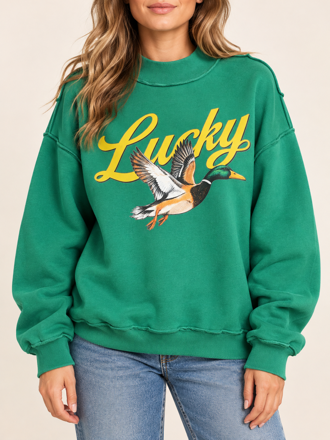 lucky duck green mock neck