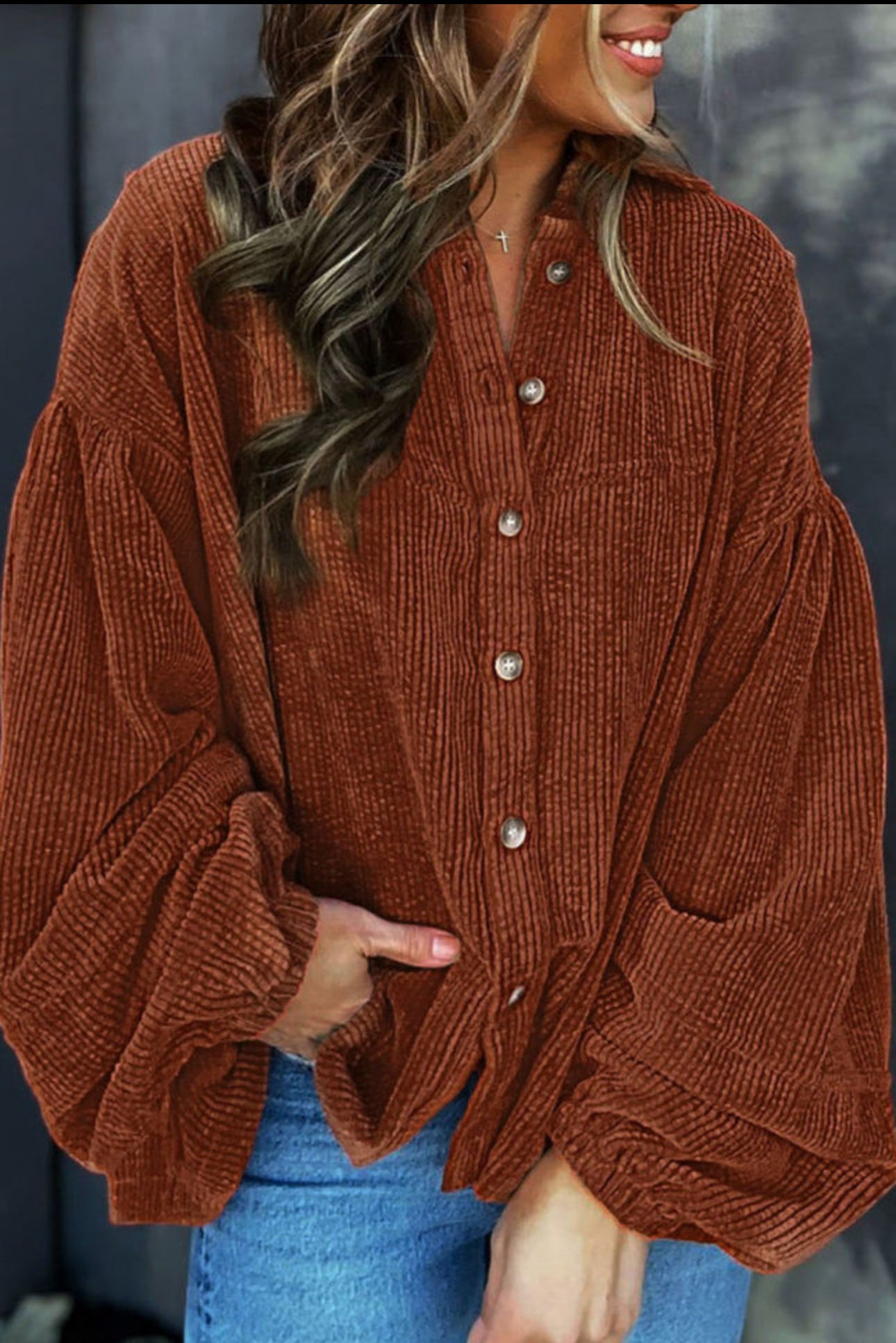 Coffee Corduroy Puff Sleeve