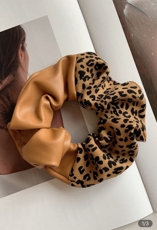 Brown Leather Leopard Scrunchie