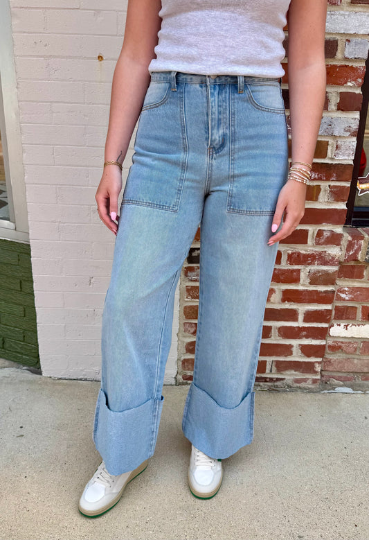High Waisted Wide Leg Cuffed Jeans