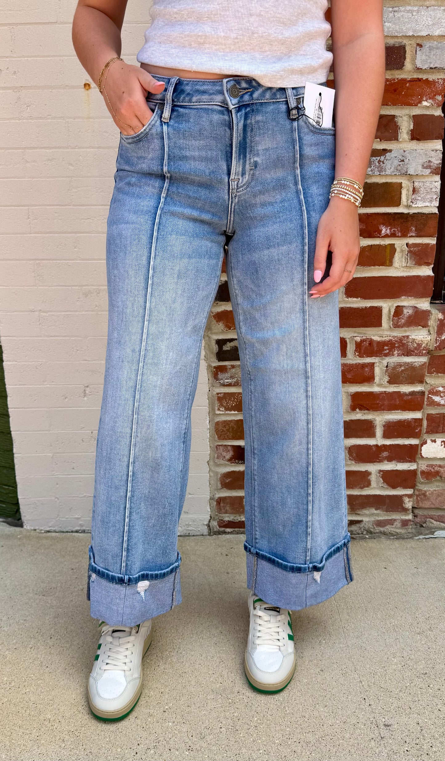 Medium Wash Pintuck 33" Inseam Mid Rise Cuffed Wide Leg