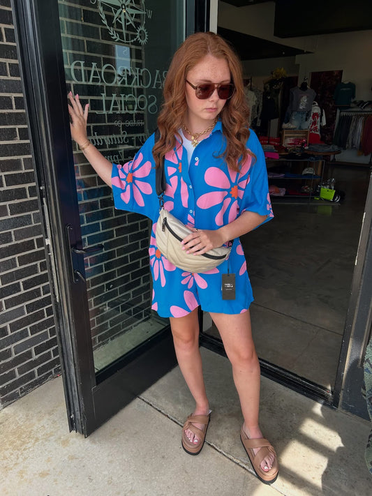 Flower Print Shirt Collar Button Front Romper