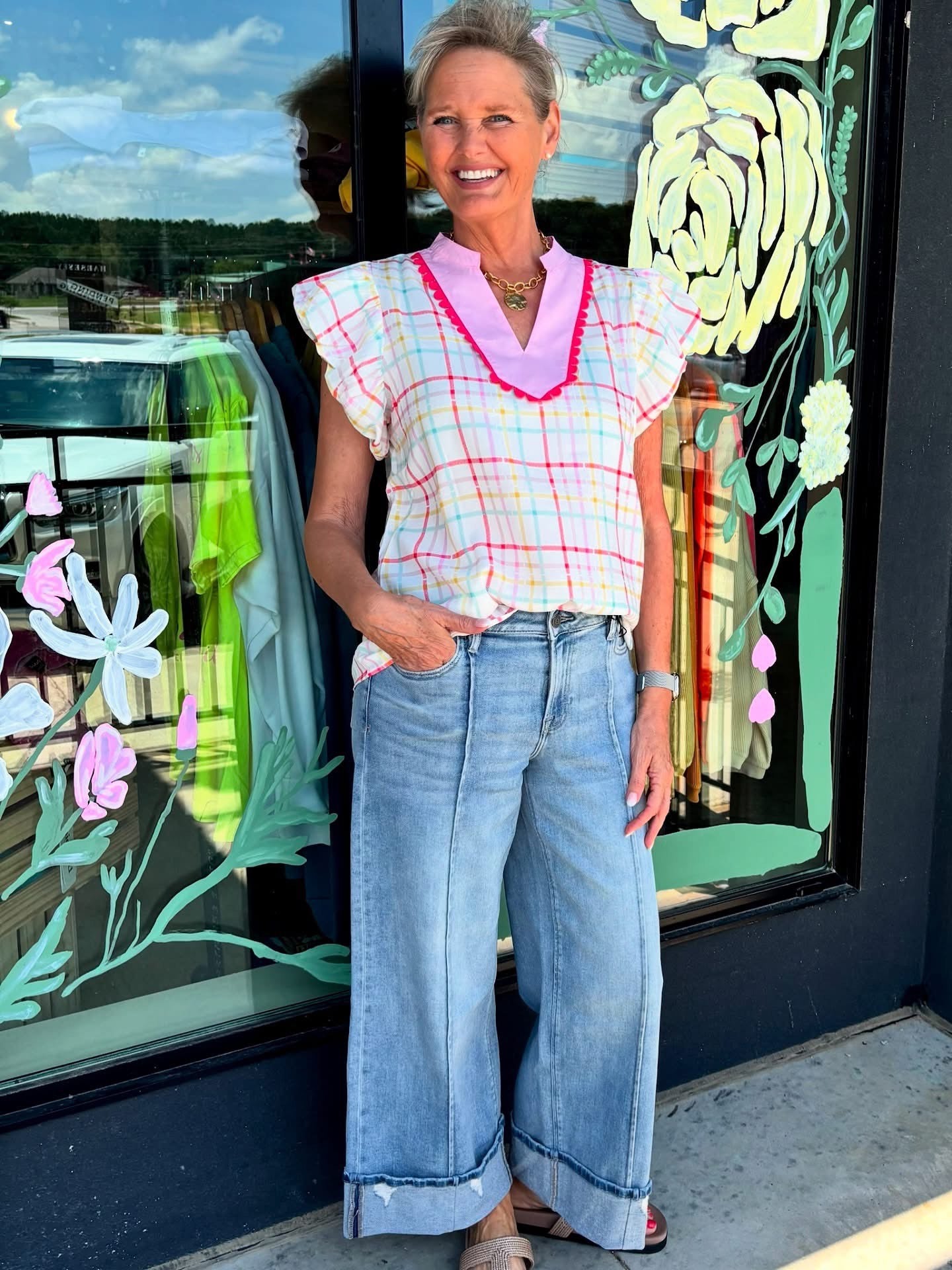 Plaid Flutter Sleeve Colorblock Ric Rac Split Blouse