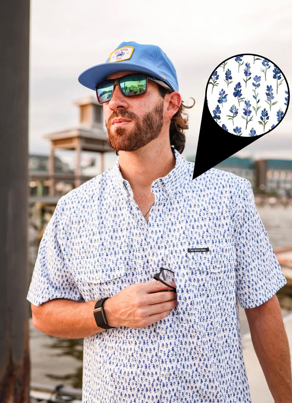 Blue Bonnet Pearl Snap Fishing Shirt