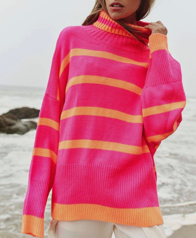 Striped Oversized Turtle Neck Sweater