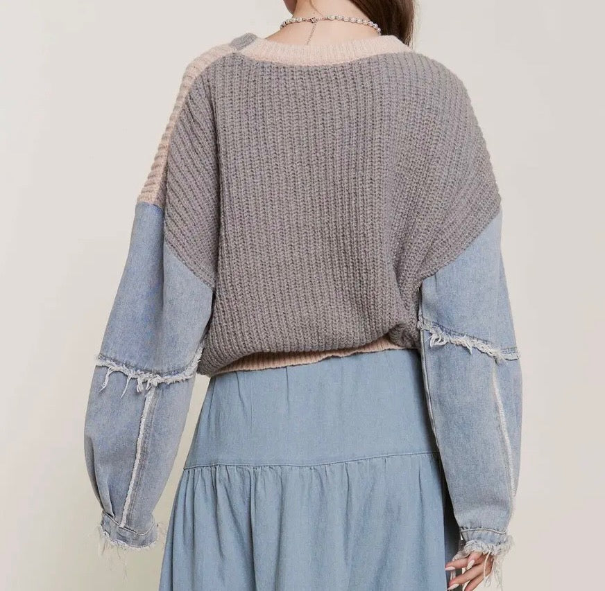 Beige Sweater with Denim Sleeve