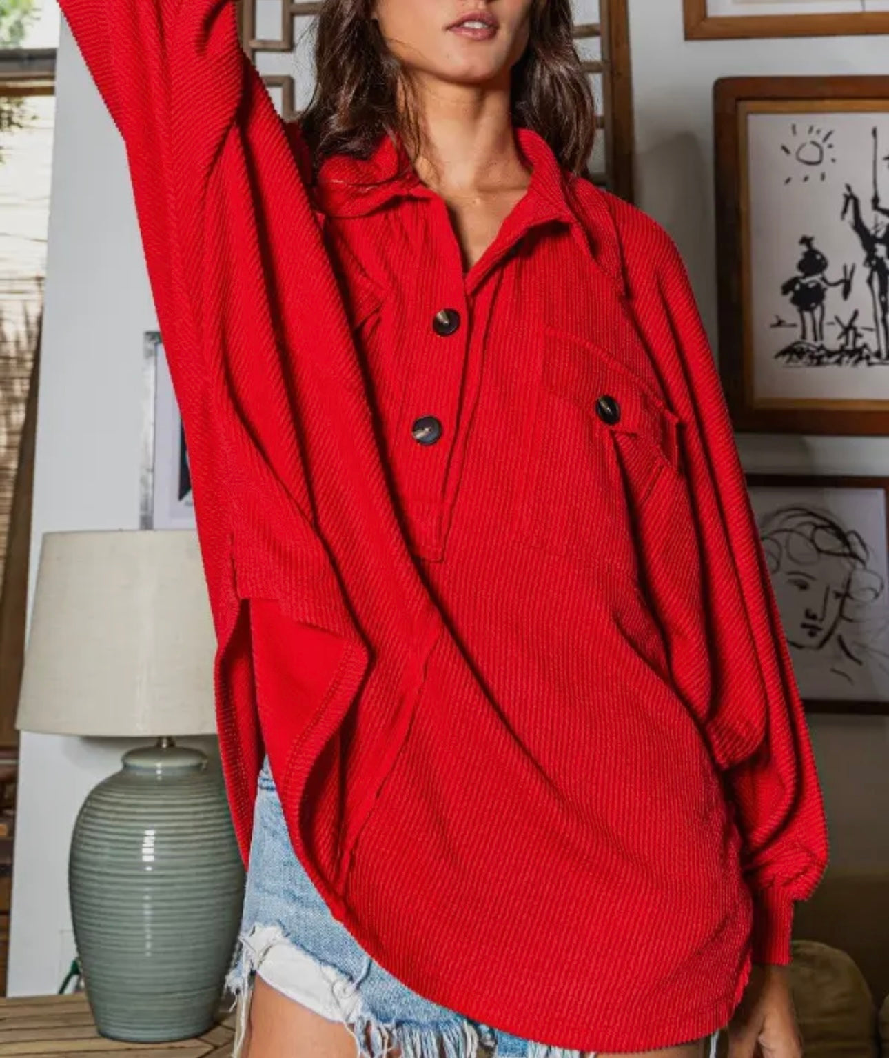 French Terry Knit Collared Top