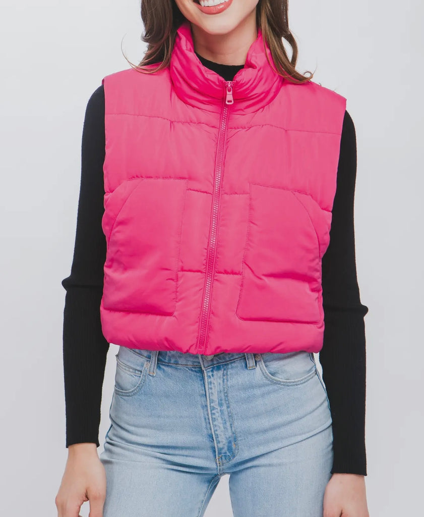 fuchsia puffer vest with pockets
