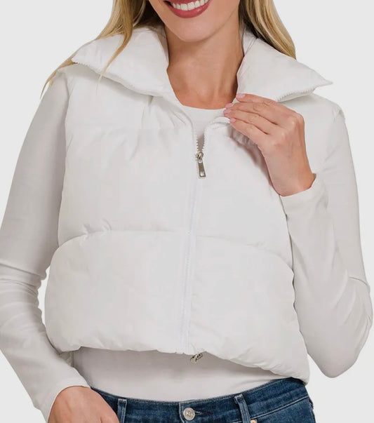 white cropped puffer vest
