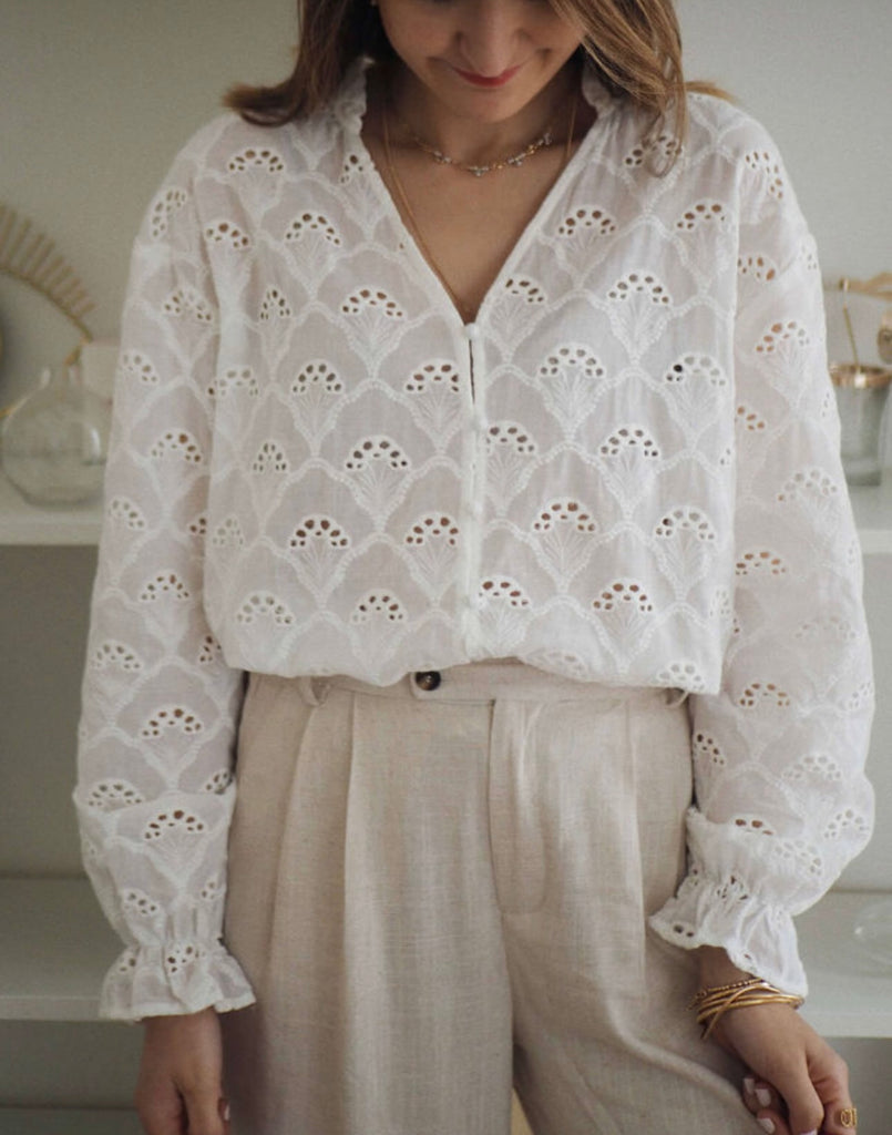 White Lace Puff Sleeve Blouse