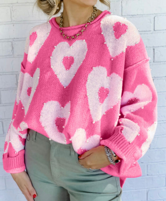 Pearl Beaded Heart Sweater