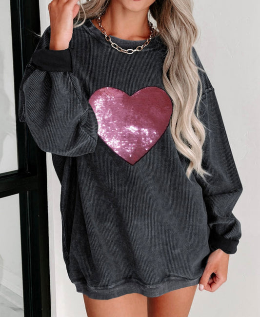 Black Sequin Heart Corded Sweatshirt