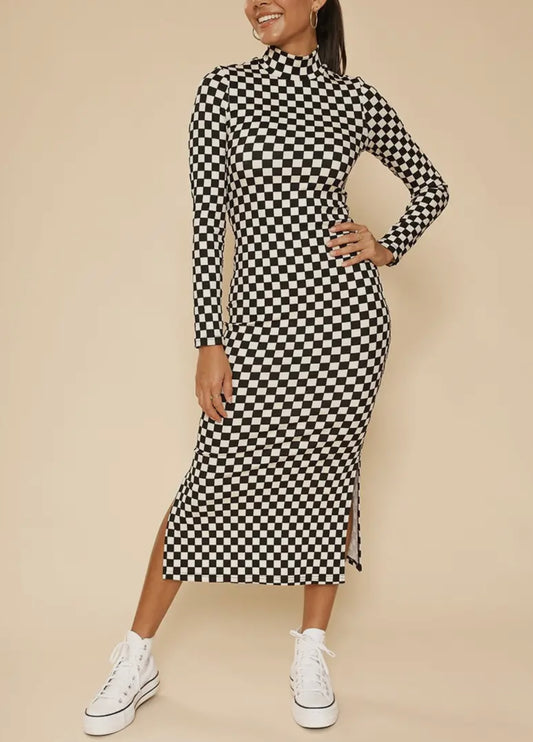 Checkered Mock Neck Midi Dress