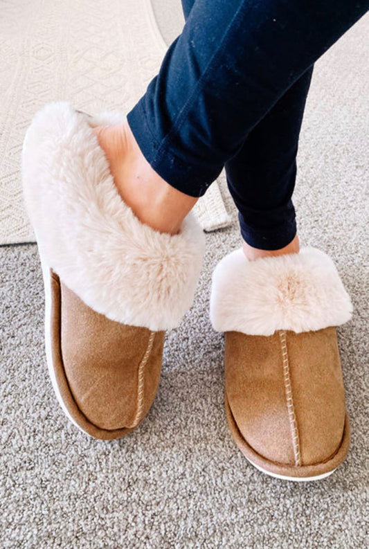 camel plush home suede slippers