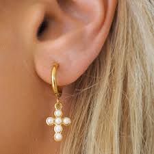 Pearl Cross Huggie Earrings
