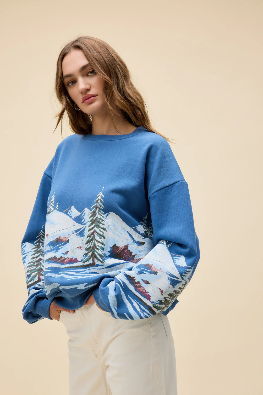 Alpine Ski Scene Oversized Crew Sweatshirt