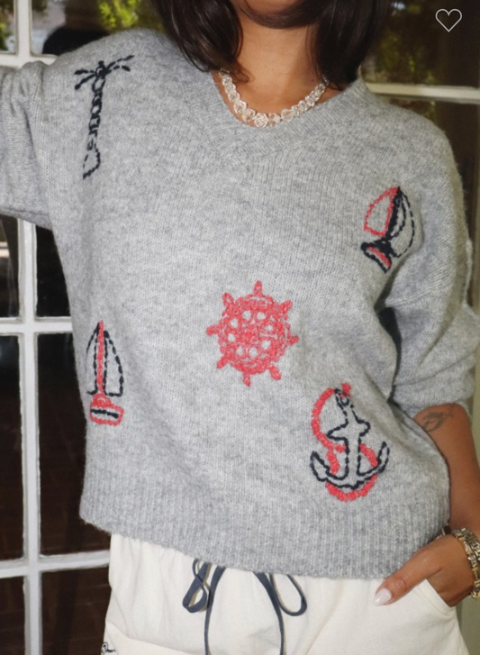 Embroidered Ocean V-neck Sweater