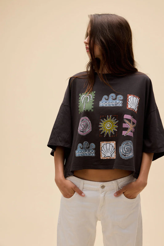 Seaside Doodle Grid Cropped OS Tee