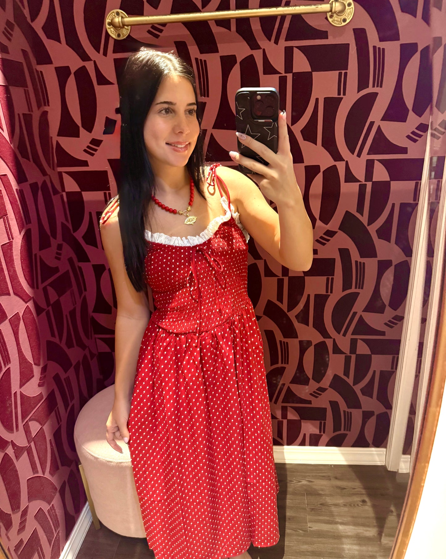 Red and white polka dot dress